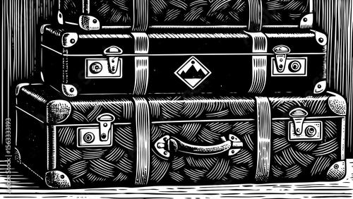 stack of vintage suitcases with travel stickers, ideal for adventure blogs, wanderlust branding or travel agency materials a black and white line art illustration