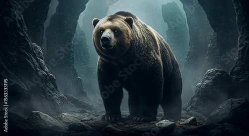 Ancient Cave Bear Emerging from Misty Cavern on Rocky Terrain