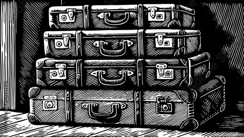 stack of vintage suitcases with travel stickers, ideal for adventure blogs, wanderlust branding or travel agency materials a black and white line art illustration