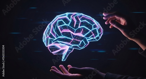 Wallpaper Mural futuristic digital brain hologram with human hands, artificial intelligence concept Torontodigital.ca