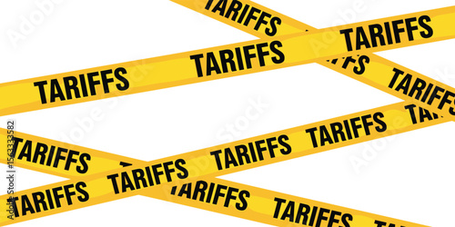 Tariffs yellow tape frame. Import tax conflict or trade war background. Transparent PNG and vector illustration