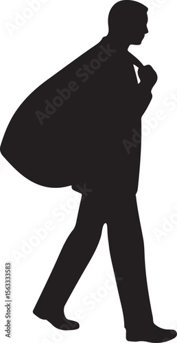 Silhouette of a man walking with a large bag slung over his shoulder