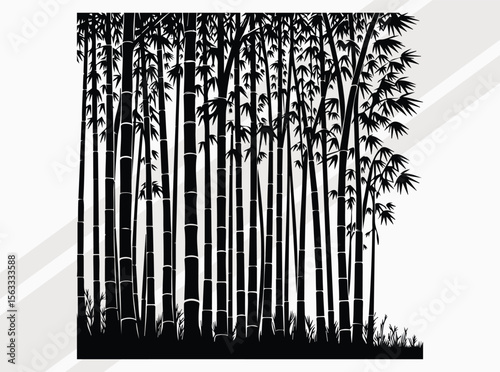 Serene Bamboo Forest Silhouette with Tall Elegant Trees in Natural Black and White Artistic Design