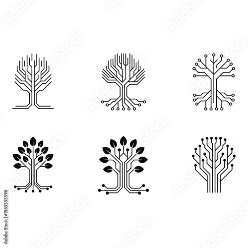 Six minimalist circuit board tree icons technology nature growth network vector black white