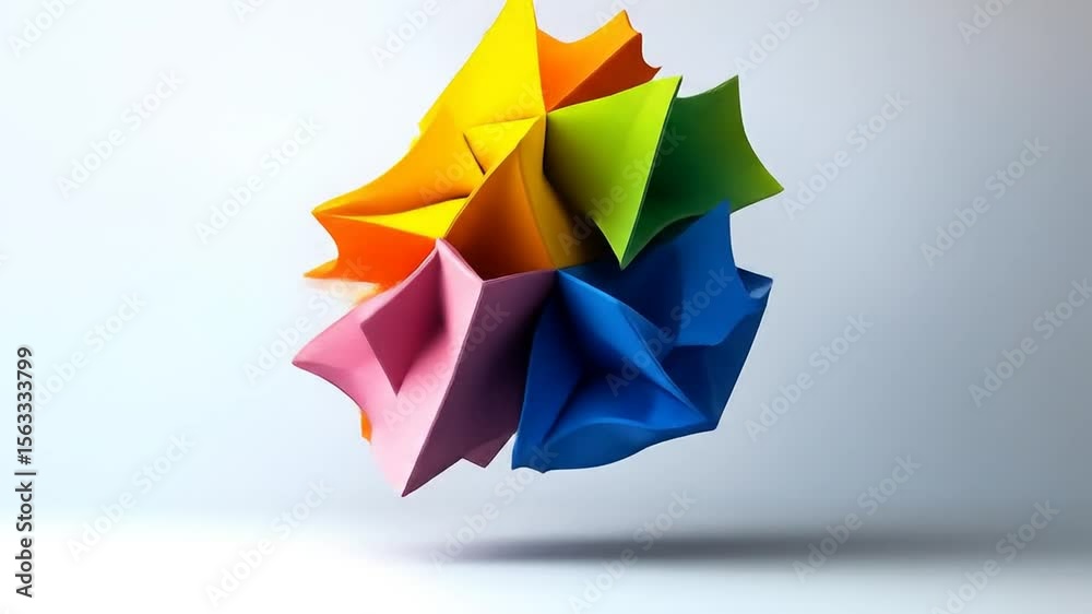 Abstract multicolored 3D shapes,  forming a dynamic cluster.  Colorful geometric forms in vibrant hues,  arranged in a swirling pattern against a simple background. 