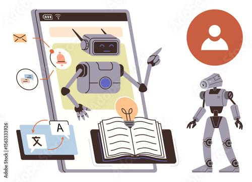 Friendly robot pointing at an open book for education and AI research, with translation tools, user profile, email notifications, and technology icons. Ideal for AI, learning, automation, future
