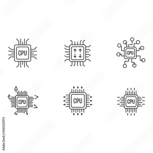 Six Minimalist Line Art CPU Processor Icons Technology Computing Data Processing Digital Network Connectivity Simple Modern Clean