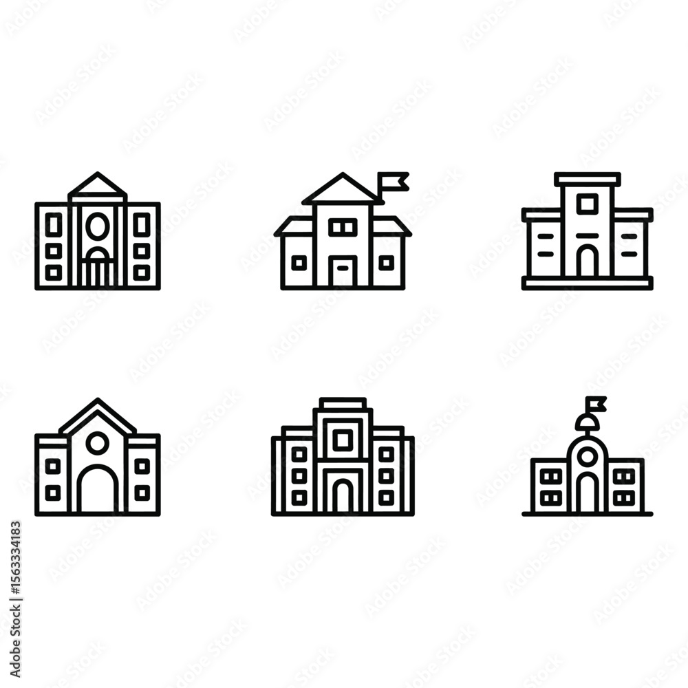 Six Minimalist Line Icons School University and Government Building Illustrations Six Minimalist Line Icons School University and Government Building Illustrations