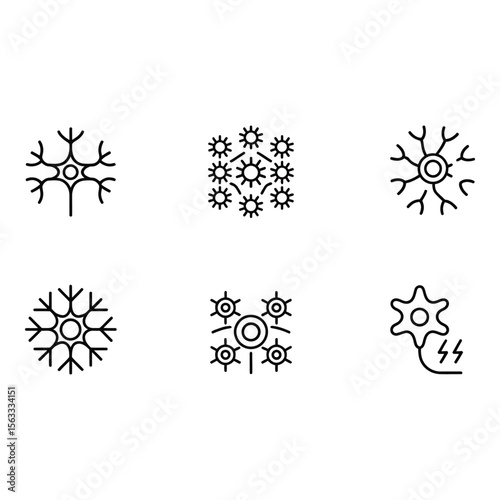 Six Minimalist Neuron Icons Simple Line Art Medical Neuroscience Graphics Clean White Background