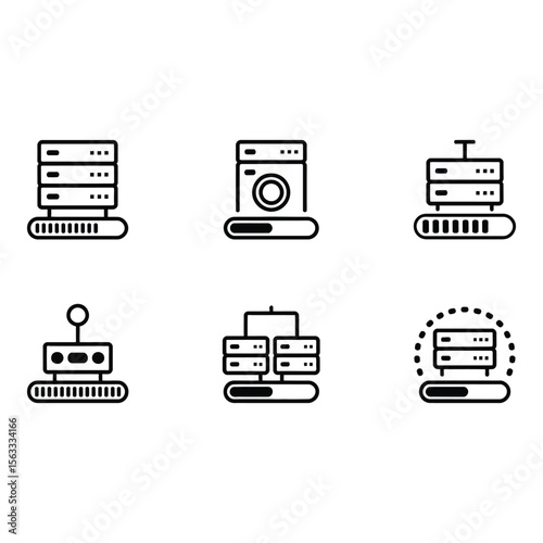 Six Minimalist Server Icons Data Center Network Loading Progress Bars Technology Cloud Computing Simple Line Art Style