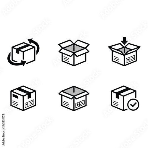 Six Minimalist Shipping Box Icons Rotating Open Unpacking Closed Isometric and Delivered