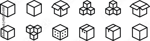 Icons depicting various types of boxes, packaging designs, and packaging components such as open and closed boxes