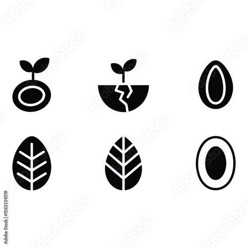Six Monochrome Icons Seed Growth Sprout Cracked Earth Leaf Stages Minimalist Style