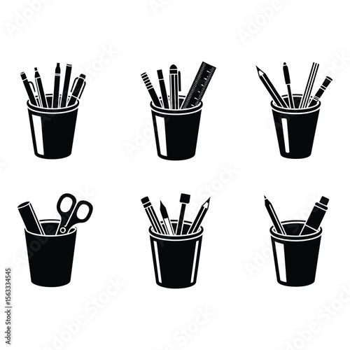 Six monochrome illustrations Office supplies in cups pens pencils rulers scissors simple minimalist style organized workspace concept