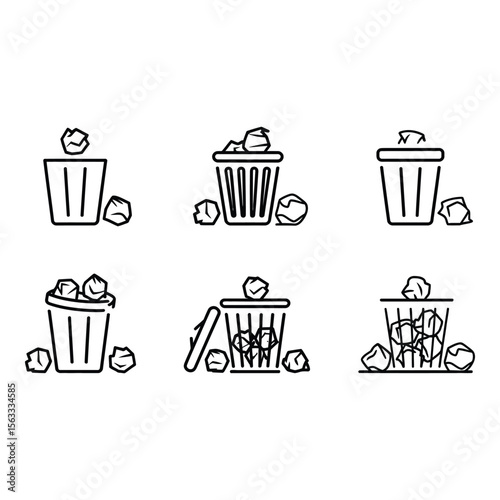 Six Outline Icons Crumpled Paper in Trash Cans Waste Disposal Recycling Minimalist Style Clean Design