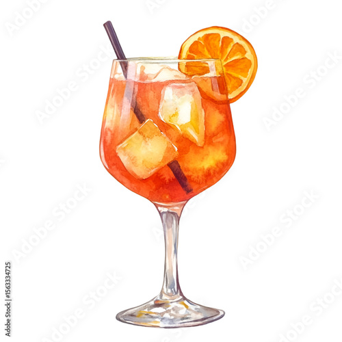 Watercolor drawing of a refreshing Aperol spritz cocktail with ice cubes and orange slice against a transparent background