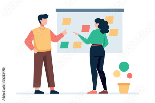 Modern flat design illustration: two colleagues collaborating on a project using sticky notes on a whiteboard, brainstorming ideas, teamwork concept.