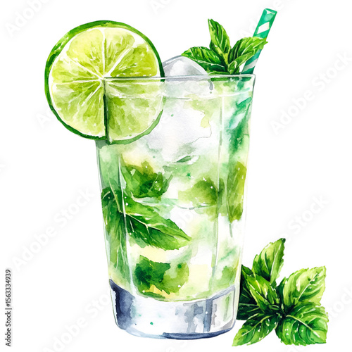 Refreshing watercolor mojito cocktail with lime, mint, ice, and a straw against a transparent background for a vibrant and summery feel.