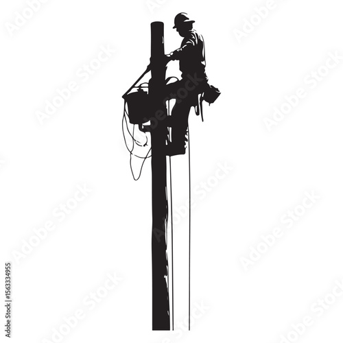 Lineman silhouette climbing electric pole vector artwork, Lineman silhouette vector flat illustration design