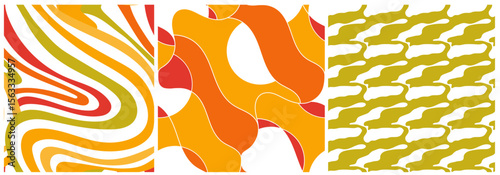 Retro 60s Seamless Pattern Set A vibrant set of three seamless vector patterns inspired by retro 60s and 70s aesthetics. This collection features vintage floral motifs, abstract geometric shapes