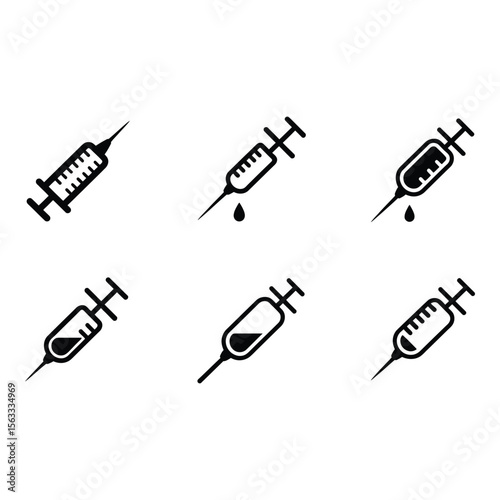 Six Simple Black Syringe Icons Medical Healthcare Injection Vaccination Minimalist Vector Graphics
