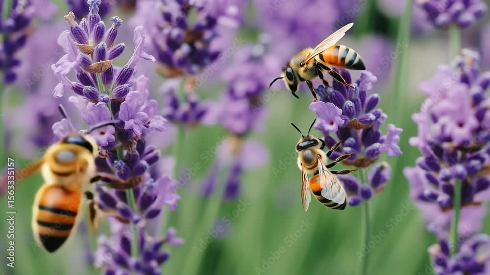 In a blooming lavender garden, busy bees flit from flower to flower, collecting nectar.