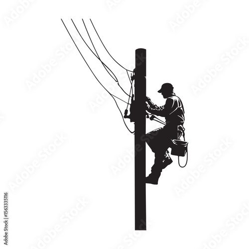 Lineman silhouette climbing electric pole vector artwork, Lineman silhouette vector flat illustration design