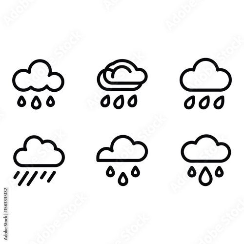 Six Simple Line Icons Clouds with Rain Drizzle and Downpour Weather App UI Elements