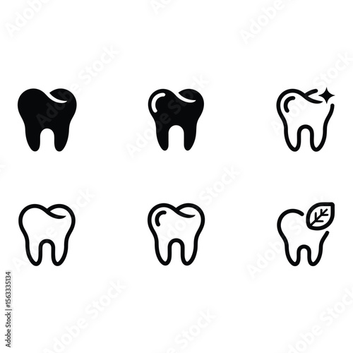 Six Simple Modern Tooth Icons Clean Healthy and Natural Dental Graphics for Websites and Applications