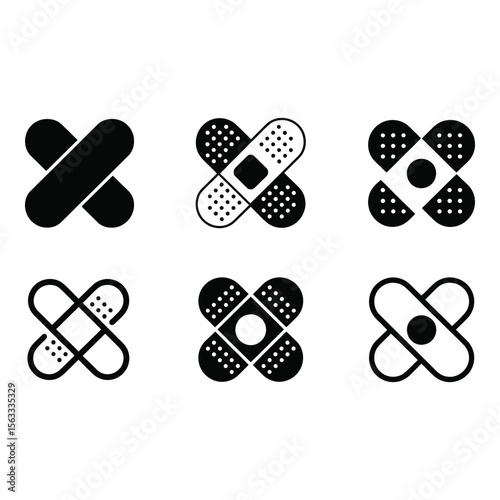 Six Stylish Black and White Band Aid Icons Minimalist Medical Graphic Set