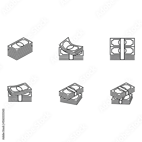 Six Stacks of Cash Simple Line Art Icons Financial Theme Neutral Mood