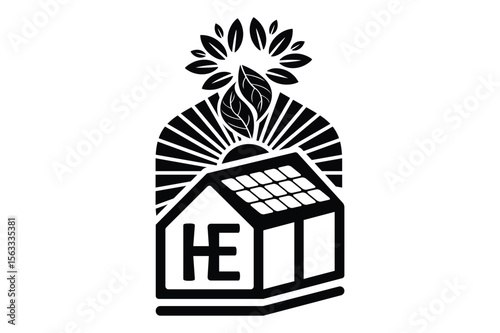 Eco house solar with letter he sun rays leaf silhouette vector