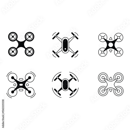 Six Stylish Black Drone Icons Top Down View Minimalist Design Technology Concept