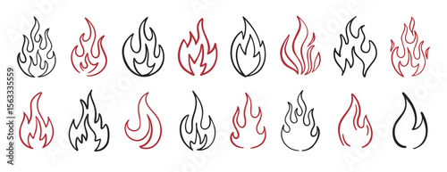 Hand drawn flames doodle set simple line art fire design