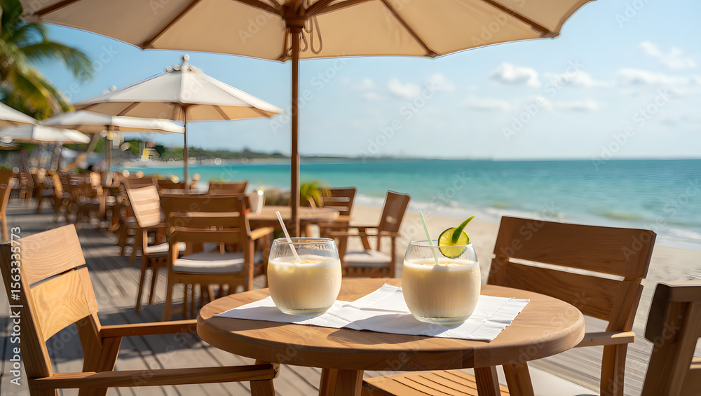 Obraz premium Two tropical drinks sit on a table at a beachside resort under umbrellas