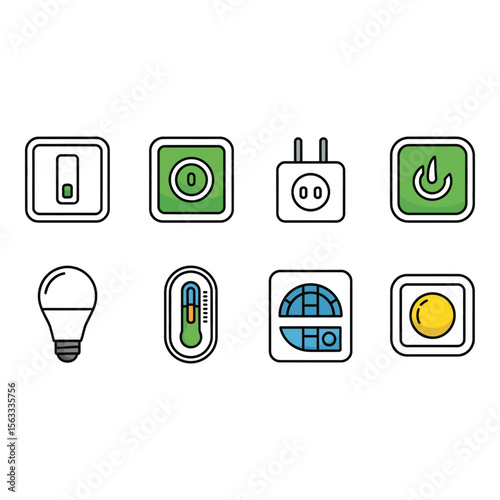 Smart Home Control Icons Modern Flat Design Energy Efficiency Symbols Light Switch Power Outlet Thermostat LED Bulb Graphics