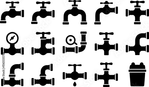 Black plumbing fixtures and water meter icons faucet pipe