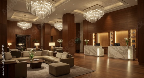 Elegant hotel lobby with crystal chandeliers, marble reception desks, and comfortable lounge area