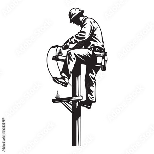 Lineman silhouette climbing electric pole vector artwork, Lineman silhouette vector flat illustration design