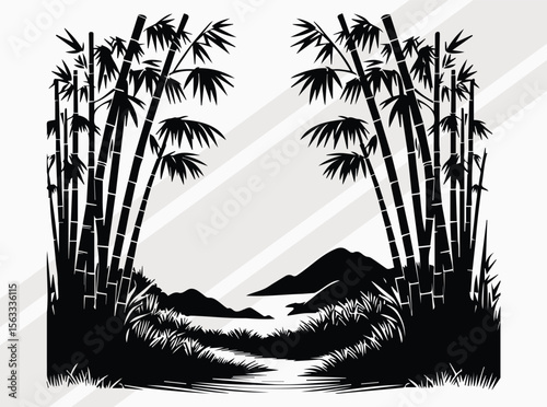 Serene Bamboo Forest Silhouette with Tall Elegant Trees in Natural Black and White Artistic Design
