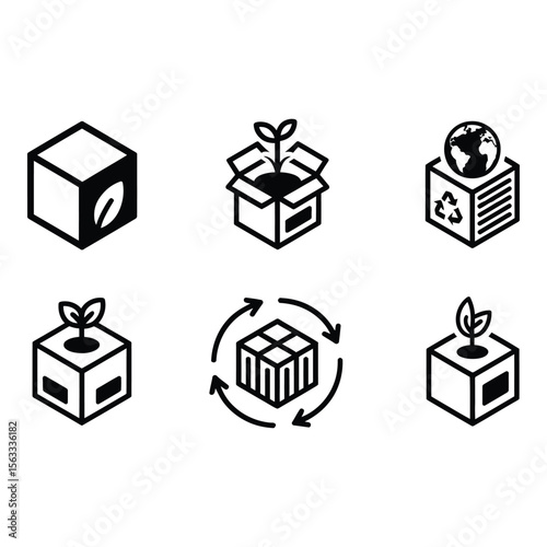 Sustainable Packaging Icons Eco Friendly Product Delivery Growth and Recycling Symbols in Bold Black Minimalist Style