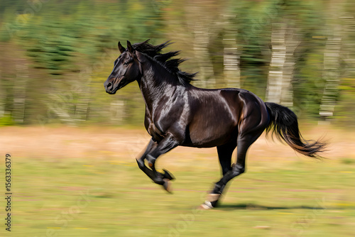 Black Horse Running Through Meadow in Motion