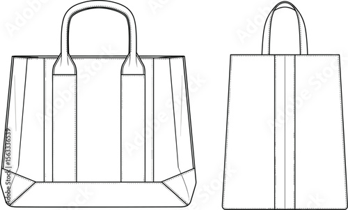 Canvas tote bag vector illustration, front and side view line art, reusable eco shopping bag sketch, minimal clean design drawing