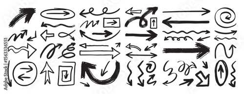 hand drawn arrows set grunge rough, brush stroke curly arrow collection