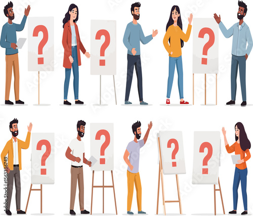 Captivating graphic featuring diverse people pointing to question marks on boards, perfect for educational content or brainstorming discussions, adding a visual layer for business presentations.