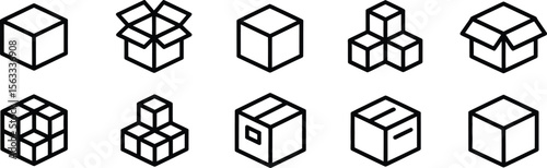Icons representing different types of boxes, packaging, and packaging components like open and closed boxes