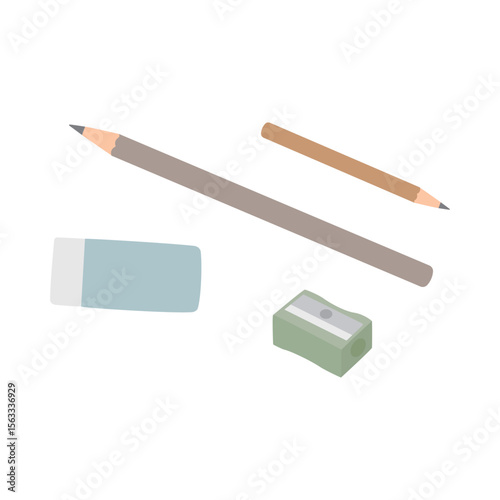 Simple hand-drawn vector illustration featuring a pencil sharpener, eraser, and two pencils. Ideal for educational materials, art resources, and school-themed designs.