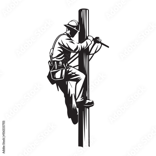 Lineman silhouette climbing electric pole vector artwork, Lineman silhouette vector flat illustration design
