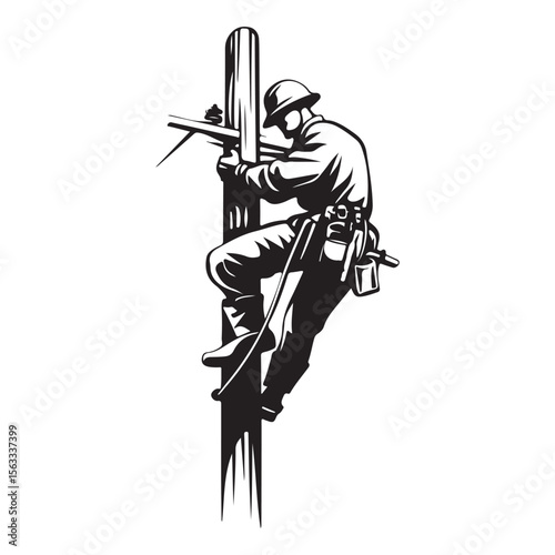 Lineman silhouette climbing electric pole vector artwork, Lineman silhouette vector flat illustration design