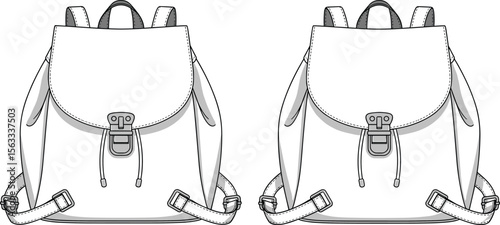Fashionable mini backpack flat sketch with flap closure, buckle detail, adjustable straps, vector outline, technical drawing for bag design